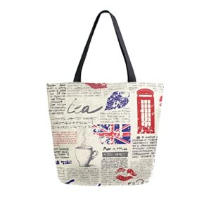 alaza newspaper british flag retro canvas tote bag for womenlarge women casual shoulder bag handbag,shopping grocery cotton bag reusable,multipurpose,heavy duty for outdoors weekender travel