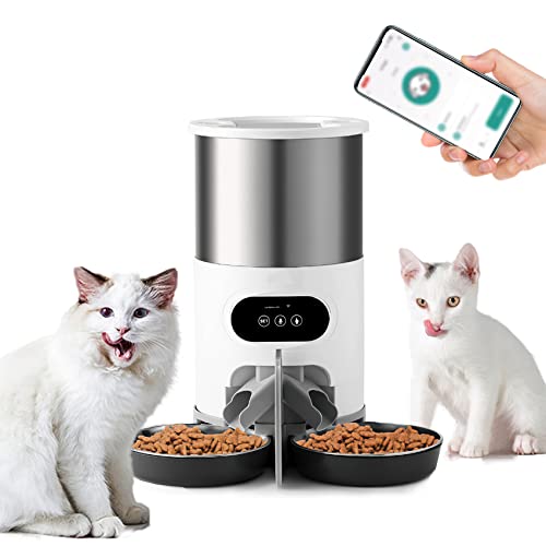 SLDPET Cat Feeder Automatic for 2 Cats 304 Stainless Steel Timed Cat Food Dispenser for Cats & Small Dog 4.5L with 2-Way Splitter with APP Control,10s Voice Recorder, Dual Power Supply