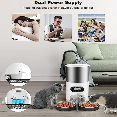 SLDPET Cat Feeder Automatic for 2 Cats 304 Stainless Steel Timed Cat Food Dispenser for Cats & Small Dog 4.5L with 2-Way Splitter with APP Control,10s Voice Recorder, Dual Power Supply