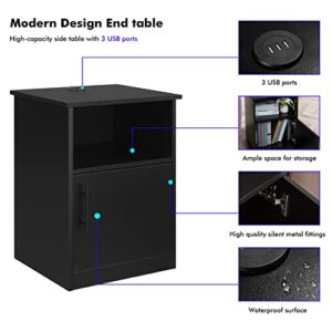 PrimeZone Modern Nightstand with 3 USB Ports - Waterproof Bedside Table with Cabinet & Open Storage, End Side Table Furniture for Bedroom, 16" D x 18" W x 24" H, Black