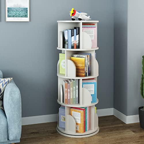 Gdrasuya10 360° Rotating Bookshelf for Books, 4 Tier Turnable Tall Bookshelf White Bookcase with Storage Shelves Floor Standing Bookshelf Display Rack