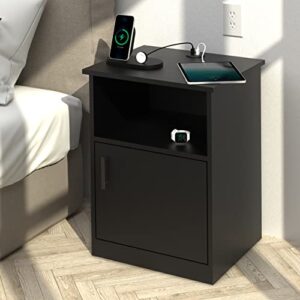 PrimeZone Modern Nightstand with 3 USB Ports - Waterproof Bedside Table with Cabinet & Open Storage, End Side Table Furniture for Bedroom, 16" D x 18" W x 24" H, Black