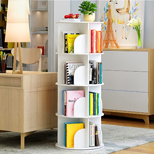 Gdrasuya10 360° Rotating Bookshelf for Books, 4 Tier Turnable Tall Bookshelf White Bookcase with Storage Shelves Floor Standing Bookshelf Display Rack