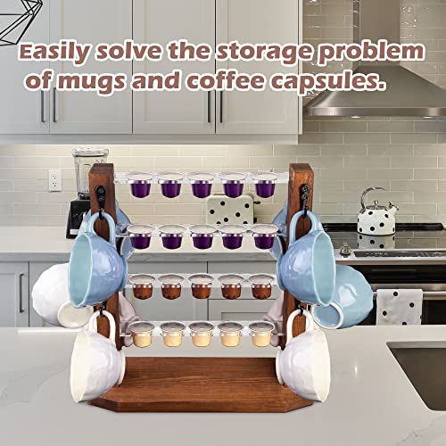 Saderoy Coffee Mug Holder, Wooden Coffer Cop Stand Rack with 10 Hooks, 4 Tier Coffee Cup Holder Storage 20* Coffee Pod&10* Mug, Mug Tree Stand Decoration with Hooks for Home&Office,etc