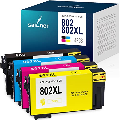 SAILNER 802XL Ink Cartridges Remanufactured Ink Cartridge Replacement for Epson 802XL 802 T802XL T802 Combo Pack to use for Workforce Pro WF-4740 WF-4730 WF-4734 WF-4720 EC-4020 EC-4040 (4 Pack) 802