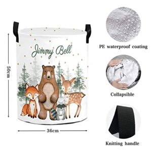 Woodland Animals Forest Dots Personalized Laundry Hamper with Handles Waterproof,Custom Collapsible Laundry Bin,Clothes Toys Storage Baskets for Bedroom,Bathroom Decorative Large Capacity 50L