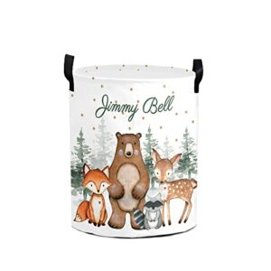 Woodland Animals Forest Dots Personalized Laundry Hamper with Handles Waterproof,Custom Collapsible Laundry Bin,Clothes Toys Storage Baskets for Bedroom,Bathroom Decorative Large Capacity 50L