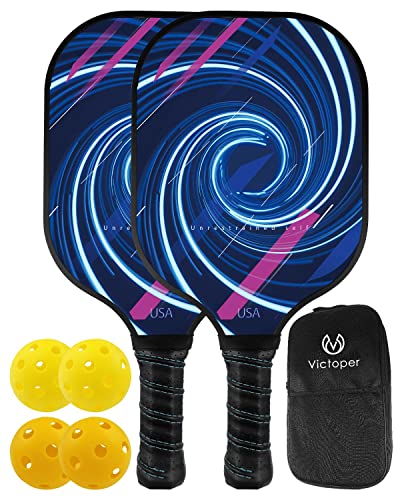 Pickleball Paddles 2 Pack, Fiberglass Surface Pickleball Set of 2 Rackets and 4 Pickleballs Balls, Lightweight Pickleball Rackets Ball Sets, Pickle-Ball Set with Portable Bag for Men Women