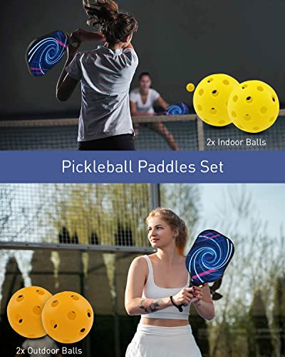 Pickleball Paddles 2 Pack, Fiberglass Surface Pickleball Set of 2 Rackets and 4 Pickleballs Balls, Lightweight Pickleball Rackets Ball Sets, Pickle-Ball Set with Portable Bag for Men Women