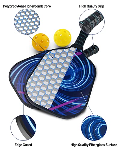 Pickleball Paddles 2 Pack, Fiberglass Surface Pickleball Set of 2 Rackets and 4 Pickleballs Balls, Lightweight Pickleball Rackets Ball Sets, Pickle-Ball Set with Portable Bag for Men Women