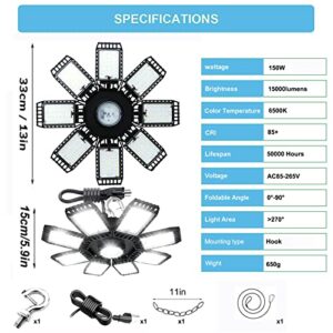 CODAFUL 150W LED Garage Light, Deformable High Bay Shop Lightswith Adjustable 8 Panels,150W 15000LM Bright 6500K for Commercial Warehouse Residential, Barn, Factory, Workshop(Black, 2PACK)