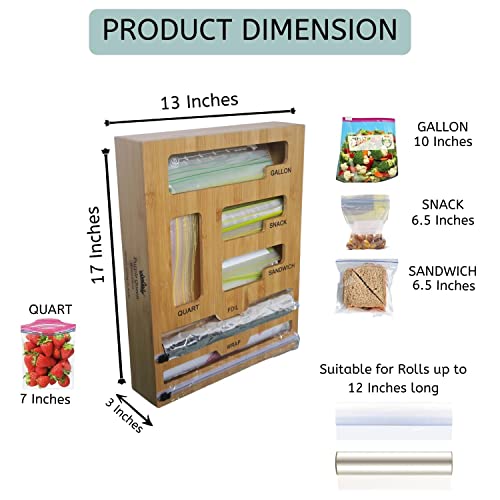 Foil and Plastic Wrap Organizer - 12" Rolls & Storage Bag Organizer, Ziplock Bag Organizer, - (Gallon, Quart, Snack, Sandwich) Bags; 2-In-1 Bamboo Kitchen Drawer/Wall Organizer