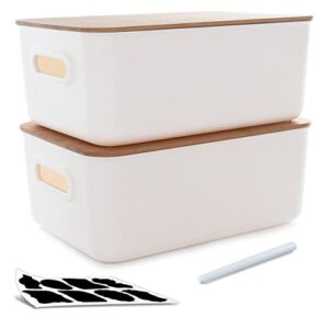 citylife 2 pcs storage bins with bamboo lids plastic storage containers for organizing stackable storage box with handle, 15.12 x 10.67 x 5.98 inch