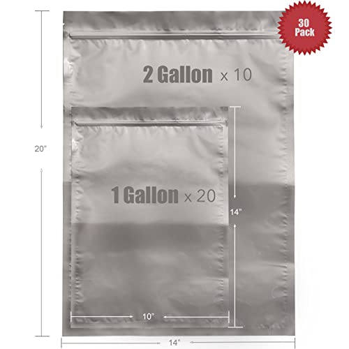 30 Pcs Mirrogo 2 Gallon Mylar Bags, 1 Gallon Mylar Bags (5 Mil) for your selection. Large Mylar Bags for Food Storage 2 Gallon (2 Gallonx10 1 Gallonx20)