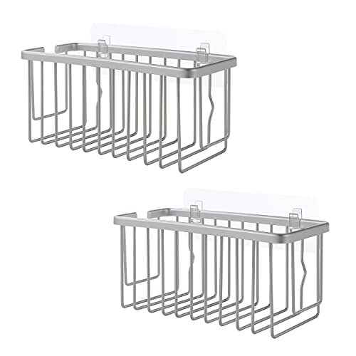 SunnyPoint Aluminum NeverRust Shower Caddy Basket Organizer Storage Shelf Rack; Adhesive Installation Pad Included (Set of 2, Grey)