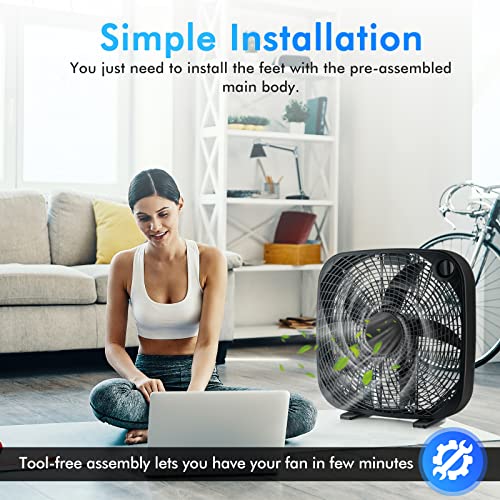 LDAILY 20" Box Fan with 3 Speed Settings, Window Fan for Full Force Air Circulation w/Control Knob, Portable Handle, Feet, Safety Fences & Cord Storage, ETL Listed Floor Fan for Home Office Tool Shed