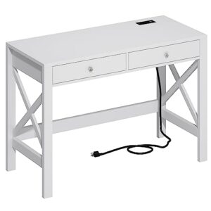 choochoo computer desk with usb charging ports and power outlets, 39" white desk with drawers, small study writing table with stable x frame for home office