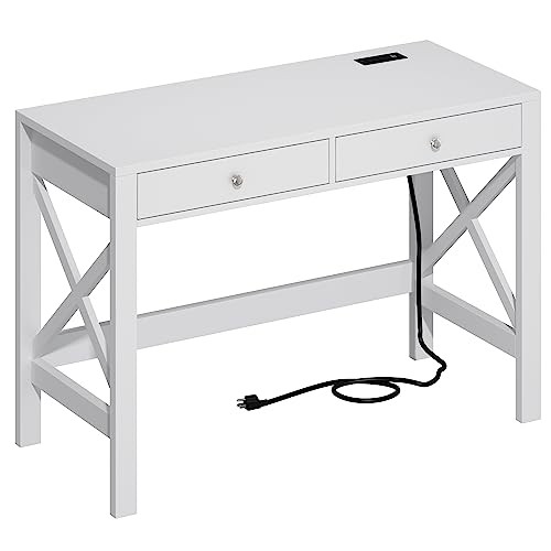 ChooChoo Computer Desk with USB Charging Ports and Power Outlets, 39" White Desk with Drawers, Small Study Writing Table with Stable X Frame for Home Office