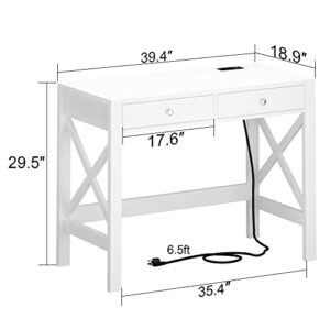 ChooChoo Computer Desk with USB Charging Ports and Power Outlets, 39" White Desk with Drawers, Small Study Writing Table with Stable X Frame for Home Office