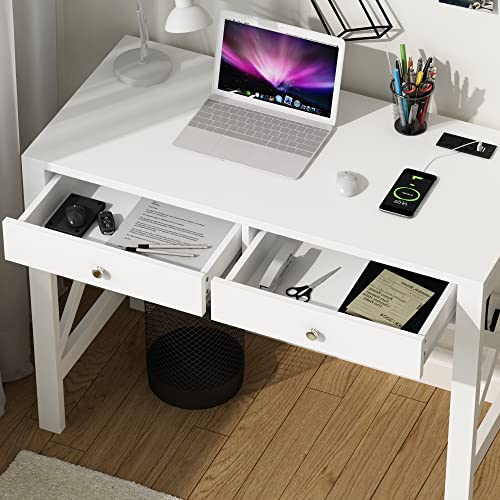 ChooChoo Computer Desk with USB Charging Ports and Power Outlets, 39" White Desk with Drawers, Small Study Writing Table with Stable X Frame for Home Office