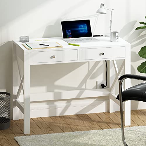 ChooChoo Computer Desk with USB Charging Ports and Power Outlets, 39" White Desk with Drawers, Small Study Writing Table with Stable X Frame for Home Office