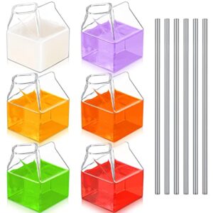 6 pieces clear milk carton reusable glass container with 6 stainless steel straws 12 oz glass milk bottle mini creamer pitcher milk carton cup hand blown box for cocktail juice coffee hot water coffee