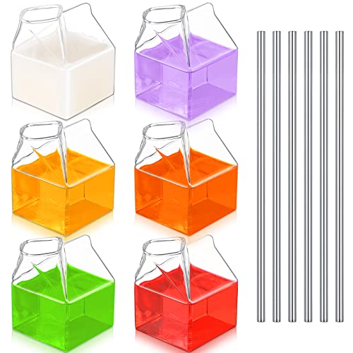 6 Pieces Clear Milk Carton Reusable Glass Container with 6 Stainless Steel Straws 12 oz Glass Milk Bottle Mini Creamer Pitcher Milk Carton Cup Hand Blown Box for Cocktail Juice Coffee Hot Water Coffee