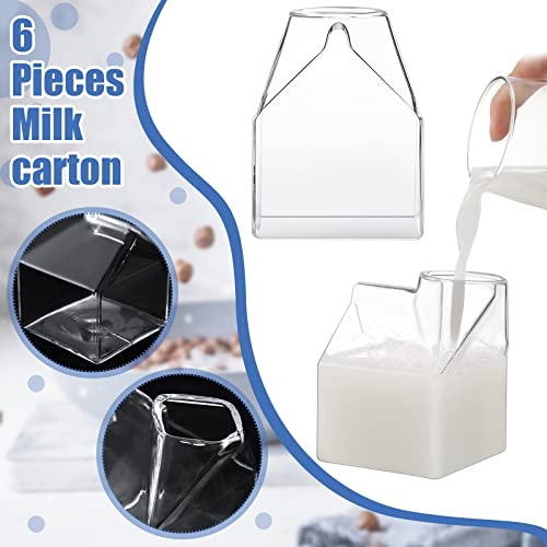 6 Pieces Clear Milk Carton Reusable Glass Container with 6 Stainless Steel Straws 12 oz Glass Milk Bottle Mini Creamer Pitcher Milk Carton Cup Hand Blown Box for Cocktail Juice Coffee Hot Water Coffee