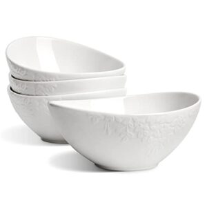 toptier porcelain bowls - 28 ounce for cereal, salad, desserts, leaf design bowl - set of 4, white