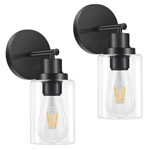 wall sconces set of 2, matte black vanity lights for bathroom, ul listed metal wall lighting fixtures with clear glass shade, farmhouse wall lamp for home decor bedroom mirror living room wall hallway