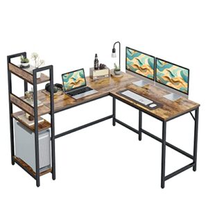cubicubi l shaped desk with storage shelves, computer corner desk for home office, writing gaming study desk table with bookshelf, space saving, brown