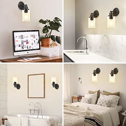 Wall Sconces Set of 2, Matte Black Vanity Lights for Bathroom, UL Listed Metal Wall Lighting Fixtures with Clear Glass Shade, Farmhouse Wall Lamp for Home Decor Bedroom Mirror Living Room Wall Hallway