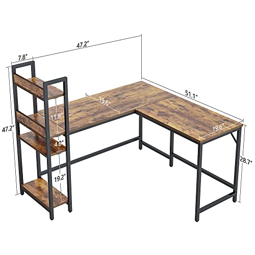 CubiCubi L Shaped Desk with Storage Shelves, Computer Corner Desk for Home Office, Writing Gaming Study Desk Table with Bookshelf, Space Saving, Brown