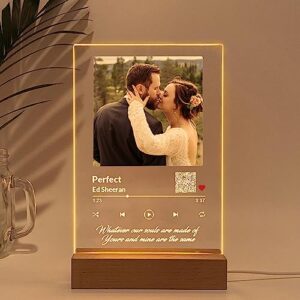 wucidici custom picture music plaque with qr code, customized acrylic glass art song album cover with photo, personalized night light gift for couple birthday