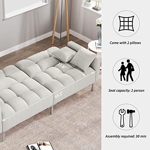P PURLOVE Linen Upholstered Modern Sofa Bed with Armrest, Sofa with Adjustable Backrest, Convertible Folding Futon Sofa Bed with Sturdy Metal Legs, for Living Room, Bedroom, Office, White