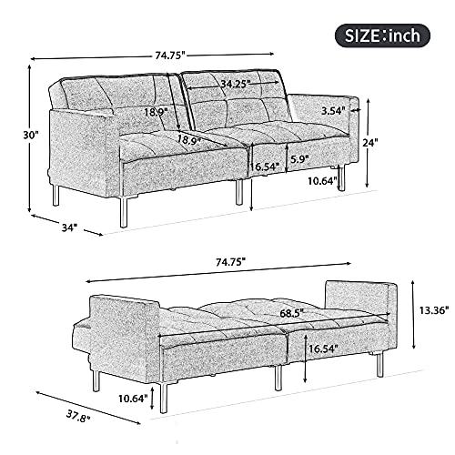 P PURLOVE Linen Upholstered Modern Sofa Bed with Armrest, Sofa with Adjustable Backrest, Convertible Folding Futon Sofa Bed with Sturdy Metal Legs, for Living Room, Bedroom, Office, White