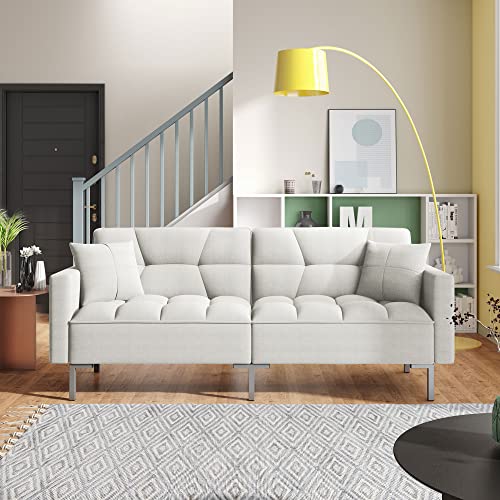 P PURLOVE Linen Upholstered Modern Sofa Bed with Armrest, Sofa with Adjustable Backrest, Convertible Folding Futon Sofa Bed with Sturdy Metal Legs, for Living Room, Bedroom, Office, White