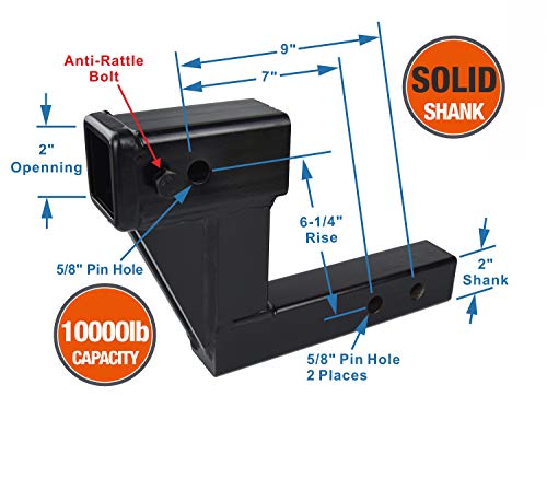 TOPTOW Trailer Hitch Extender Adapter 6" Riser/Drop, 2" Receiver, 2-in Shank, 10000lbs Capacity, with Black Hitch Lock…