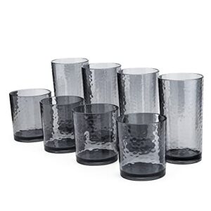 kx-ware 14-ounce and 20-ounce acrylic glasses plastic tumbler, set of 8 smoky grey - hammered style, dishwasher safe, bpa free