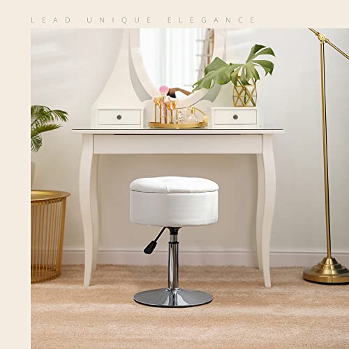 LUE BONA 360°Swivel Vanity Stool Chair for Makeup Room, Height Adjustable Stool for Vanity with Storage, Small White Faux Leather Vanity Stool for Bathroom, Living Room