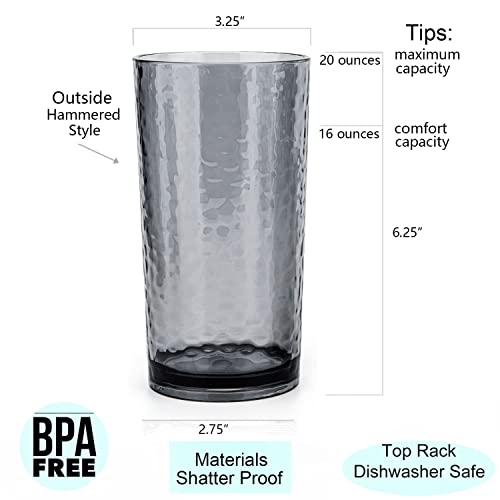 KX-WARE 14-ounce and 20-ounce Acrylic Glasses Plastic Tumbler, set of 8 Smoky Grey - Hammered Style, Dishwasher Safe, BPA Free