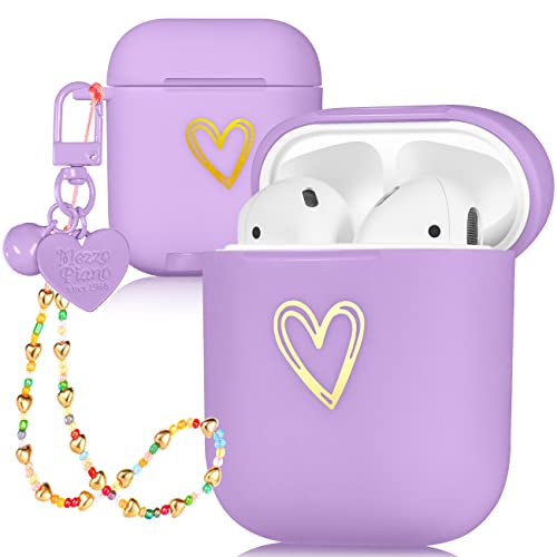 Besoar for Airpods 1st/2nd Generation Case Cute for Women Girls Girly Aesthetic Purple Heart Cases with Keychain Buckle for Airpod 1/2 Pretty Lovely Soft Silicone Cover Unique Design for Air Pods 1/2