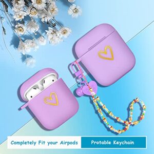 Besoar for Airpods 1st/2nd Generation Case Cute for Women Girls Girly Aesthetic Purple Heart Cases with Keychain Buckle for Airpod 1/2 Pretty Lovely Soft Silicone Cover Unique Design for Air Pods 1/2