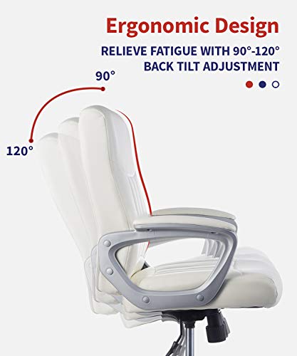 CLATINA Leather Office Executive Chair, Mid Back Computer Desk Chair with Lumbar Support and Padded Armrests, Ergonomic Adjustable Swivel Chair for Home, White