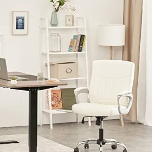 CLATINA Leather Office Executive Chair, Mid Back Computer Desk Chair with Lumbar Support and Padded Armrests, Ergonomic Adjustable Swivel Chair for Home, White