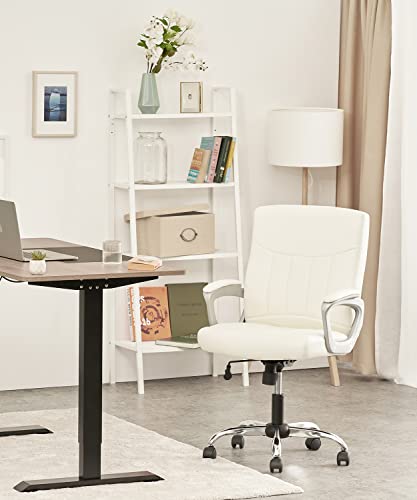 CLATINA Leather Office Executive Chair, Mid Back Computer Desk Chair with Lumbar Support and Padded Armrests, Ergonomic Adjustable Swivel Chair for Home, White