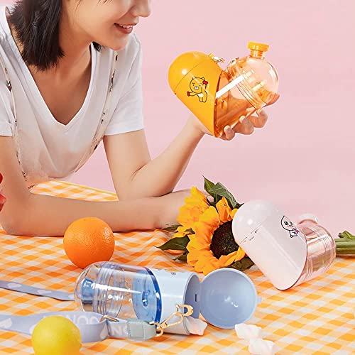 Love Storage Cup Heart Water Bottle-Shaped Cup Heart Shape Convertible Water Bottle, Plastic Portable Drinking Bottle for Girl Boy, Creative Frosted Water Sport Bottle, Rope Travel Cup Gift (Yellow)