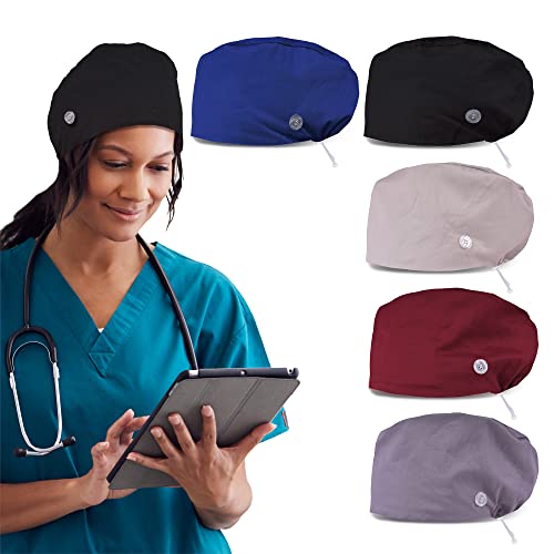 AIFHAAN 5 Pieces Working Hat with Buttons and Sweatband, Adjustable Bouffant Caps Unisex Women Men (5 Solid)