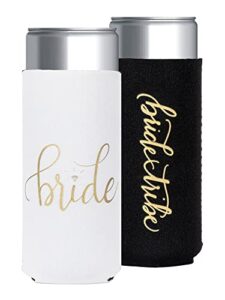 bride tribe and bride bachelorette party skinny can sleeves - insulated neoprene drink holders, fit slim spiked hard seltzer beer cans bridal shower decorations, supplies, favors 11 piece set