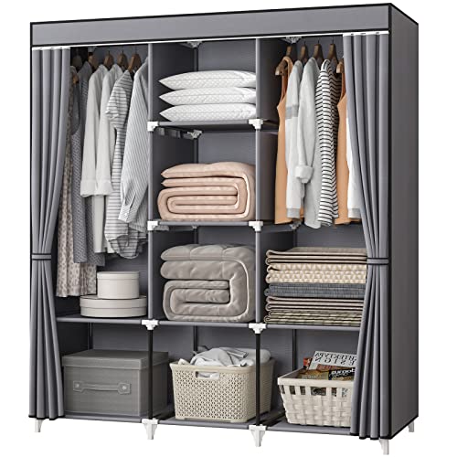 KEKIWE Portable Closet, 51 Inch Wardrobe Closet for Hanging Clothes with 2 Hanging Rods, 8 Storage Organizer Shelves for Bedroom, Durable and Easy to Assemble, Grey